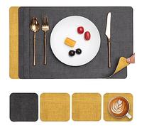 Myir JUN Placemats and Coasters Set of 4, Place Mats Dual Sided Faux Leather Table Mats PU Indoor Outdoor Heat Resistant Placemat Square Non Slip Wipeable Washable Dining Restaurant (Grey Yellow)