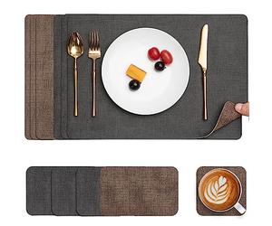 Myir JUN Placemats and Coasters Set of 6, Place Mats Dual Sided Faux Leather Table Mats PU Indoor Outdoor Heat Resistant Placemat Square Non Slip Wipeable Washable Dining Restaurant