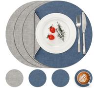 Myir JUN Reversible Vinyl Round Placemats and Coasters Set of 4, Faux Leather Place Mats Dual Sided Waterproof, Heat-Resistant Table Mats for Kitchen Indoor Outdoor (14", Light Grey Navy Blue)