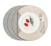 Myir JUN Reversible Vinyl Round Placemats and Coasters Set of 4, Faux Leather Place Mats Dual Sided Waterproof, Heat-Resistant Table Mats for Kitchen Indoor Outdoor (14", Light Grey Cream-White)