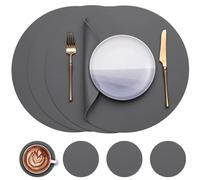 Myir JUN Round Table Placemats Set of 4 Faux Leather Place Mats and Coasters 15 inch Round Dual Sided Placemats Non-Slip Wipe Clean Stain Resistant (Gray Gray,Set of 4)