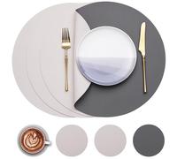 Myir JUN Round Table Placemats Set of 4 Faux Leather Place Mats and Coasters 15 inch Round Dual Sided Placemats Non-Slip Wipe Clean Stain Resistant (Gray White,Set of 4)