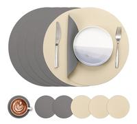 Myir JUN Round Table Placemats Set of 6 Faux Leather Place Mats and Coasters 15 inch Round Dual Sided Placemats Non-Slip Wipe Clean Stain Resistant (Gray Wheat,Set of 6)