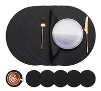 Myir JUN Round Table Placemats Set of 6 Faux Leather Place Mats and Coasters 15 inch Round Dual Sided Placemats Non-Slip Wipe Clean Stain Resistant (Black Black,Set of 6)