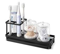 MYITYARD Toothbrush Holders for Bathrooms, 4 Slots Rustproof Metal Tooth Brushing Organizer with Drainage, Electric Tooth Brush Toothpaste Holder for Bathroom Countertop, Black