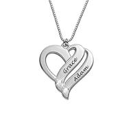 MYKA Personalised 2 Hearts Forever Engraved Necklace with CZ Or Diamond Stones for Woman - Custom Name 925 Silver Heart Shape Jewellery Gift for Mum Sterling-Silver w Diamond