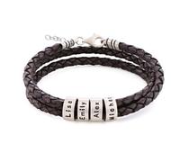 MYKA - Personalised Braided Leather Adjustable Bracelet with Engraved Custom Beads in Sterling Silver - Gift for Women - Gifts for Christmas, Mother's Day (Sterling Silver w/Brown Leather)