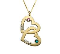 MYKA Personalised Heart in Heart Engraved Necklace with 2 CZ or Diamond Stones for Woman - Custom Name 925 Silver Heart Shape Jewellery Gift for Mum 9ct Yellow Gold
