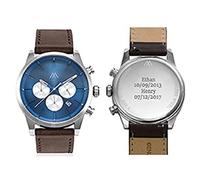 Myka Personalised Watch Quest Chronograph Genuine Leather Strap Watch for Men w/Blue Dial Face Engraved Clasp