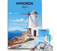 Mykonos Greece Travel 1000 Piece Jigsaw Puzzles for Teenagers,Stress Reliever Staycation Kill Time with Matching Poster And Trivia Sheet 50x75cm