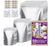 Mylar Bags for Food Storage 5 Gallon 17"x28", 1 Gallon 10"x14", 1 Quart 6"x8", 8.6Mil, Mylar Bags with Oxygen Absorbers 23000cc + Labels Heat Sealable Resealable Ziplock for Long Term Storage (50 pcs)