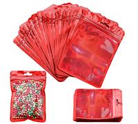 Mylar Foil Pouch, 100Pcs Resealable Smell Proof Food Storage Bags Holographic Packaging Bags - Clear Flat Foil Pouch for Home Coffee Beans, Outdoor Cookies, Jewelry (10 x 15cm, Red)