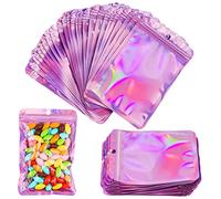 Mylar Foil Ziplock Bags, 100Pcs Resealable Smell Proof Food Storage Bags, Holographic Packaging, Clear Flat Foil Pouch for Home, Coffee Beans, Outdoor, Cookies, Jewelry (10 * 15cm, Pink)