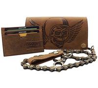 myledershop Buffalo Full Leather Biker Wallet with Metal Chain and Removable Card case with Skull Motif with RFID & NFC Blocking in Brown