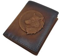 myledershop Small Genuine Buffalo Full Leather Wallet/Wallet/Wallet in Portrait Format with 3D Embossing and RFID & NFC Protection in Cognac, 3D Wolf embossing, standard size, American