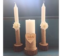 mylifemylove Wedding Candle Holder Set with White Flowers, Personalized Unity Candles, Rustic Wood Candle Holders for 3 Taper and 1 Pillar Candles