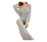 MYLLJBD Pajamas Woolen Knitted Navel-baring And Busty Sweet Cool Long-sleeved Suit Home Clothes-grey-m