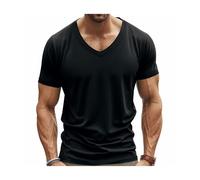 MYMdt Mens Casual Short Sleeve T-Shirts Soft Lightweight V-Neck summer solid color Loose trend top (Black,3XL)