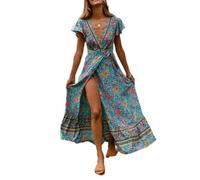 MYMdt Women's Bohemian Floral Printed Wrap Chiffon V Neck Short Sleeve Split Summer Beach Party Elegant Maxi Dress(Lake blue,L)