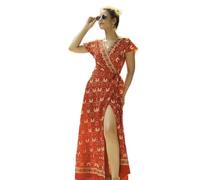 MYMdt Women's Bohemian Floral Printed Wrap Chiffon V Neck Short Sleeve Split Summer Beach Party Elegant Maxi Dress(Burgundy,M)