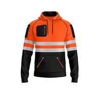 mymixtrendz Mens Hi Vis High Visibility Work Wear Safety Hoodie Reflective Tape Multi Zipper Pockets Pullover Hooded Sweatshirt Top, XL, Orange Black