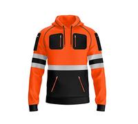 mymixtrendz Mens Hi Vis Pullover Hoodie Multi Zip Up Pockets Safety Work Reflective Tape High Viz Visibility Hooded Sweatshirt S-2XL, Orange Black