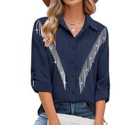 MYMORE Nashville Western Cowgirl Women's 3/4 Sleeve Bling Rhinestone Tassel Button Down Shirt, E_Navy, XL