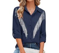 MYMORE Nashville Western Cowgirl Women's 3/4 Sleeve Bling Rhinestone Tassel Button Down Shirt, E_Navy, XL