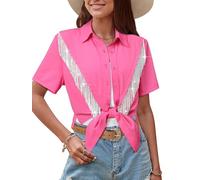 MYMORE Womens 2025 Sparkly Rhinestone Fringe Tops Shirt Country Concert Western Wear Cowgirl Outfit Dolly Cowboy Parton Rodeo Nashville Top Short Sleeve Button Down Shirts Blouse Jacket Hot Pink XL