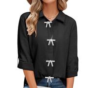 MYMORE Womens Removable Rhinestone Bow Button Down Shirt Rolled 3/4 Sleeve Sparkly Top Concert Western Cowgirl Outfit, 02a_black, L