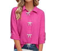 MYMORE Womens Removable Rhinestone Bow Button Down Shirt Rolled 3/4 Sleeve Sparkly Top Concert Western Cowgirl Outfit, 02b_pink, XXL