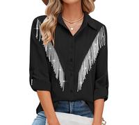MYMORE Womens Rhinestone Fringe Button Down Shirt Rolled 3/4 Sleeve Sparkly Top Concert Nashville Western Cowgirl Outfit, A_Black, XL