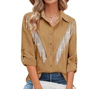 MYMORE Womens Rhinestone Fringe Button Down Shirt Rolled 3/4 Sleeve Sparkly Top Concert Nashville Western Cowgirl Outfit, L_Orange, S