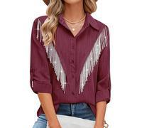 MYMORE Womens Rhinestone Fringe Button Down Shirt Rolled 3/4 Sleeve Sparkly Top Concert Nashville Western Cowgirl Outfit, H_Wind Red, XL