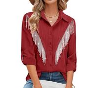MYMORE Womens Rhinestone Fringe Button Down Shirt Rolled 3/4 Sleeve Sparkly Top Concert Nashville Western Cowgirl Outfit, H_Brick Red, S