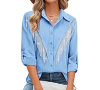 MYMORE Womens Rhinestone Fringe Button Down Shirt Rolled 3/4 Sleeve Sparkly Top Concert Nashville Western Cowgirl Outfit, G_Sky Blue, XXL