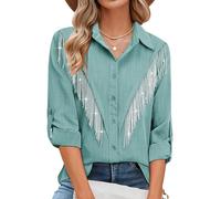 MYMORE Womens Rhinestone Fringe Button Down Shirt Rolled 3/4 Sleeve Sparkly Top Concert Nashville Western Cowgirl Outfit, O_paleturquoise, M