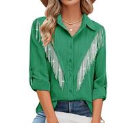 MYMORE Womens Rhinestone Fringe Button Down Shirt Rolled 3/4 Sleeve Sparkly Top Concert Nashville Western Cowgirl Outfit, K_Green, L