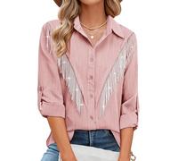 MYMORE Womens Rhinestone Fringe Button Down Shirt Rolled 3/4 Sleeve Sparkly Top Concert Nashville Western Cowgirl Outfit, F_light Pink, XL