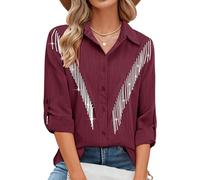 MYMORE Womens Rhinestone Fringe Button Down Shirt Rolled 3/4 Sleeve Sparkly Top Concert Nashville Western Cowgirl Outfit, H_Wind Red, M
