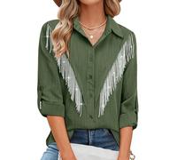 MYMORE Womens Rhinestone Fringe Button Down Shirt Rolled 3/4 Sleeve Sparkly Top Concert Nashville Western Cowgirl Outfit, C_Army Green, XL