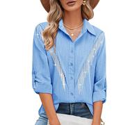 MYMORE Womens Rhinestone Fringe Button Down Shirt Rolled 3/4 Sleeve Sparkly Top Concert Nashville Western Cowgirl Outfit, G_sky Blue, L