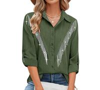 MYMORE Womens Rhinestone Fringe Button Down Shirt Rolled 3/4 Sleeve Sparkly Top Concert Nashville Western Cowgirl Outfit, C_army Green, S