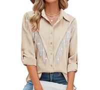 MYMORE Womens Rhinestone Fringe Button Down Shirt Rolled 3/4 Sleeve Sparkly Top Concert Nashville Western Cowgirl Outfit, D_apricot, S