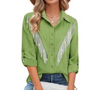 MYMORE Womens Rhinestone Fringe Button Down Shirt Rolled 3/4 Sleeve Sparkly Top Concert Nashville Western Cowgirl Outfit, J_Grass Green, XXL