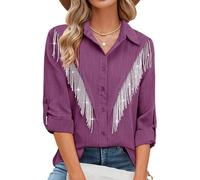 MYMORE Womens Rhinestone Fringe Button Down Shirt Rolled 3/4 Sleeve Sparkly Top Concert Nashville Western Cowgirl Outfit, I_Light Purple, XL