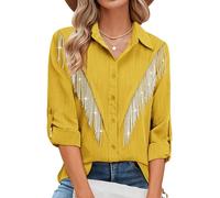 MYMORE Womens Rhinestone Fringe Button Down Shirt Rolled 3/4 Sleeve Sparkly Top Concert Nashville Western Cowgirl Outfit, N_Yellow, M