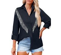 MYMORE Womens Rhinestone Fringe Button Up Chambray Denim Shirt Rolled 3/4 Sleeve Sparkly Top Country Western Cowgirl Outfit, B_navy Blue, XL