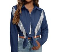 MYMORE Womens Rhinestone Fringe Cropped Button Down Shirt Rolled 3/4 Sleeve Tie Front Top Western Cowgirl Rodeo Outfit, 08_navy Blue, L
