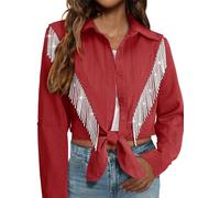 MYMORE Womens Rhinestone Fringe Cropped Button Down Shirt Rolled 3/4 Sleeve Tie Front Top Western Cowgirl Rodeo Outfit, 10_brick Red, S